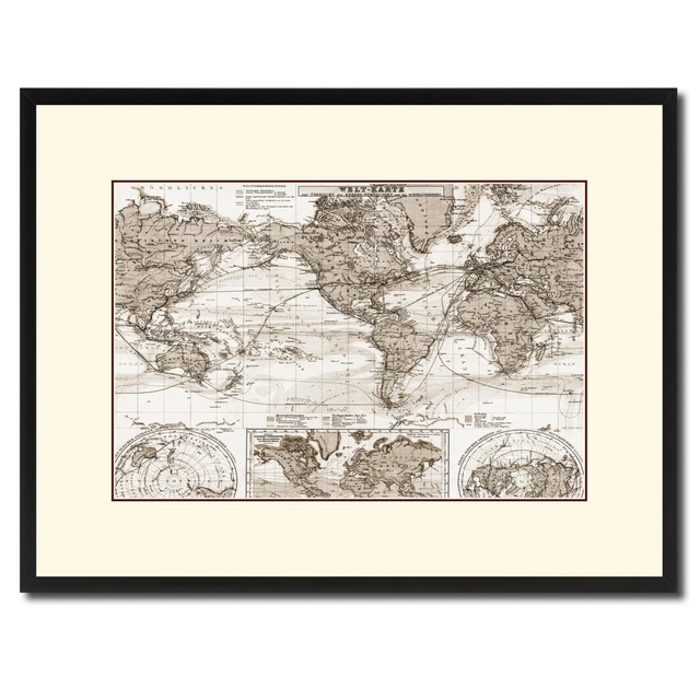 World Ocean Currents Vintage Sepia Map Canvas Print With Picture Frame Gifts