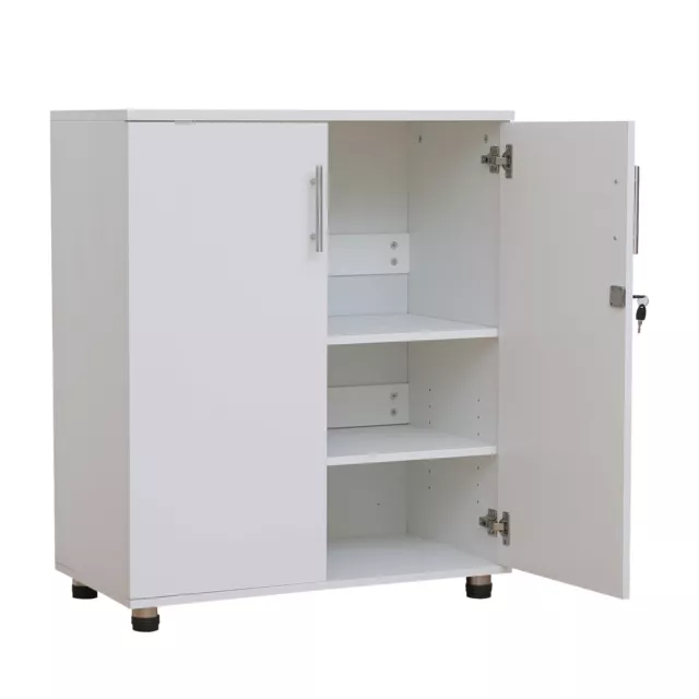 White Office Storage Cupboard Lockable 2 Door 2 Shelf Cabinet 90cm Tall