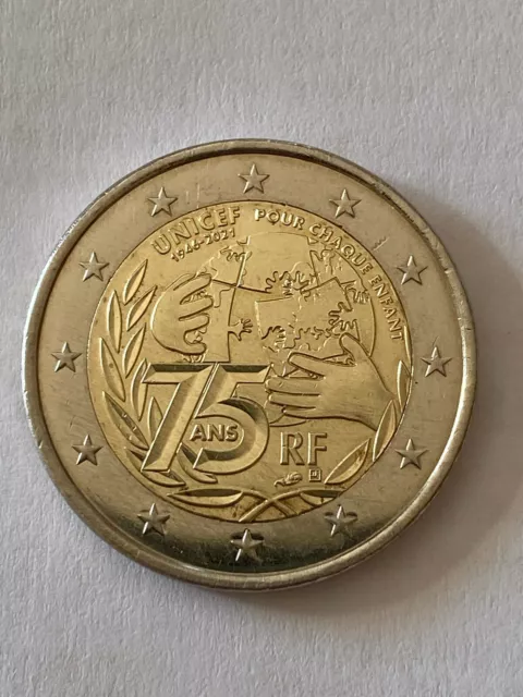 Pièce Commémorative 2 euros 75 Ans de L'UNICEF 2021, très bon état