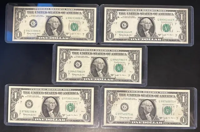 LOT OF 5, Rare 1963-B $1 BARR Note Fed. Reserve of CHICAGO XF/AU
