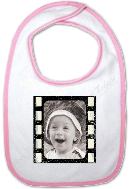 Bavoir Rose Cadre Pellicule Noir et Blanc avec Photo personnalisé - naissance
