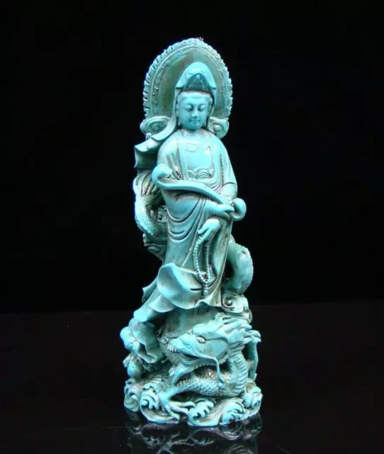 Chinese Turquoise Handmade Carved Statue Kwan-yin Dragon RuYi Exquisite