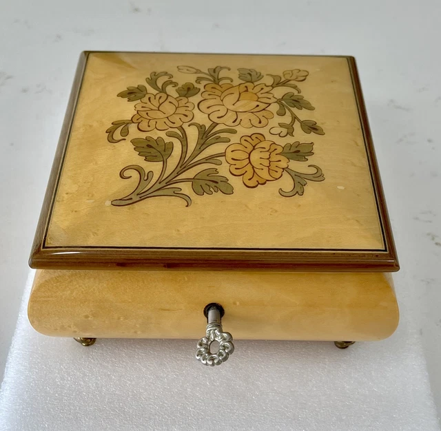 VINTAGE REUGE WOODEN Jewelry Music Box with Floral Inlay Made In