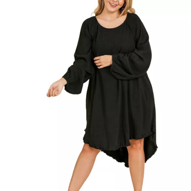 Umgee boho black linen long sleeve high low hem dress size small