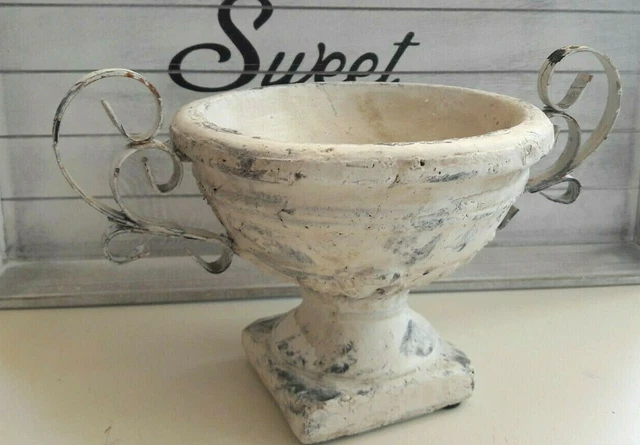 Pflanzschale Übertopf, Klein,Keramik mit Metall Henkel,Shabby, Weiß,Vintage, Neu