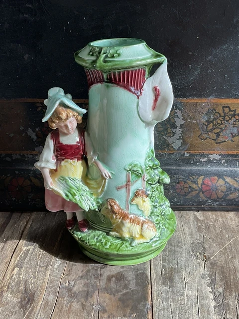 Antique Art Nouveau French Majolica Vase Little Girl With Sheep And Flowers