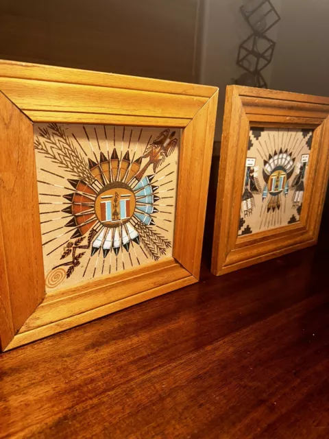 Vintage Hand Made Navajo / Sioux Native American Indian Sand Art Pair - Signed