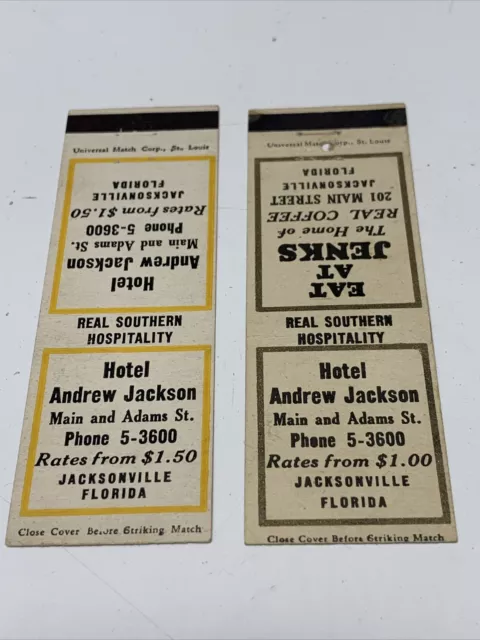 2 RARE Matchbook Covers Hotel Andrew Jackson Jacksonville rates from $1.00  gmg
