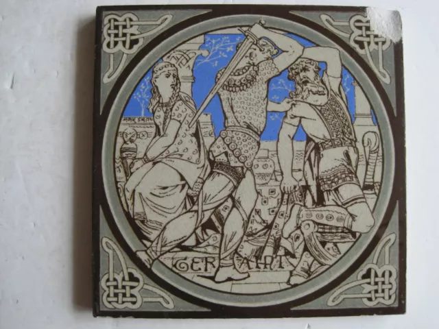 ANTIQUE MINTON - MOYR SMITH - TENNYSON'S IDYLLS OF THE KING TILE - GERAINT c1876