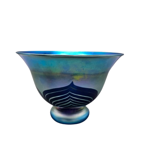 Donald Carlson Pulled Feather Blue Iridescent Art Glass Bowl