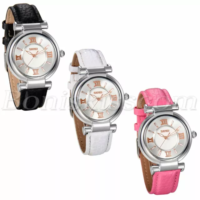 Fashion Roman Numberals Leather Strap Womens Girls Waterproof Quartz Wrist Watch