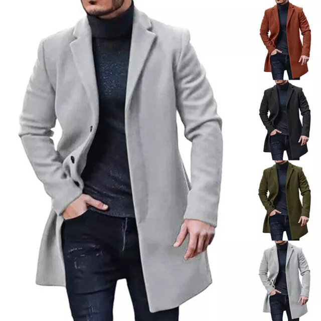 Mens Woolen Trench Coats Winter Lapel Long Jacket Blazer Outwear Overcoat