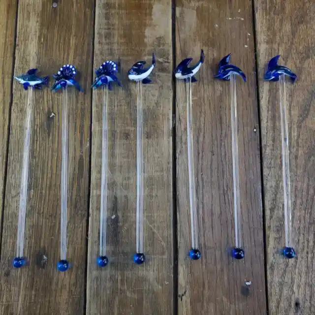 Set of 6 Hand Blown Nautical Fish Glass Swizzle Stir Sticks Cocktail Barware