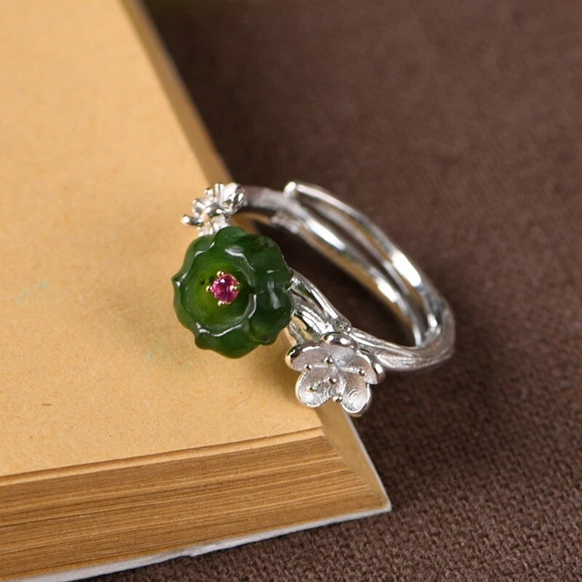 Solid 925 Sterling Silver Natural Green Jade Flower Adjustable Ring Size 6-9