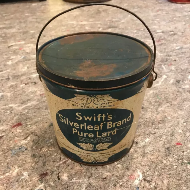Vintage Swift’s Silverleaf Pure Lard Tin Pale 4 lb. Size   Swift & Co. Chicago