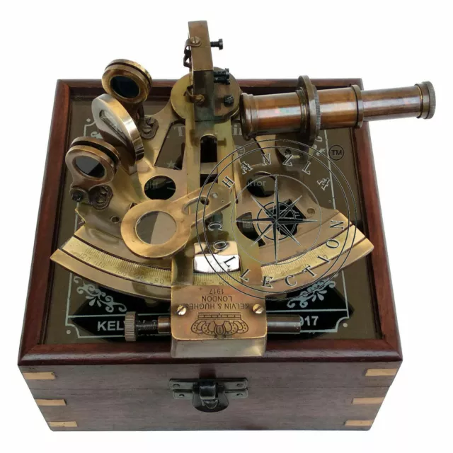 Nautisch Maritim Viktorianisch Reisen Messing Sextant mit Glas Top Holz Box