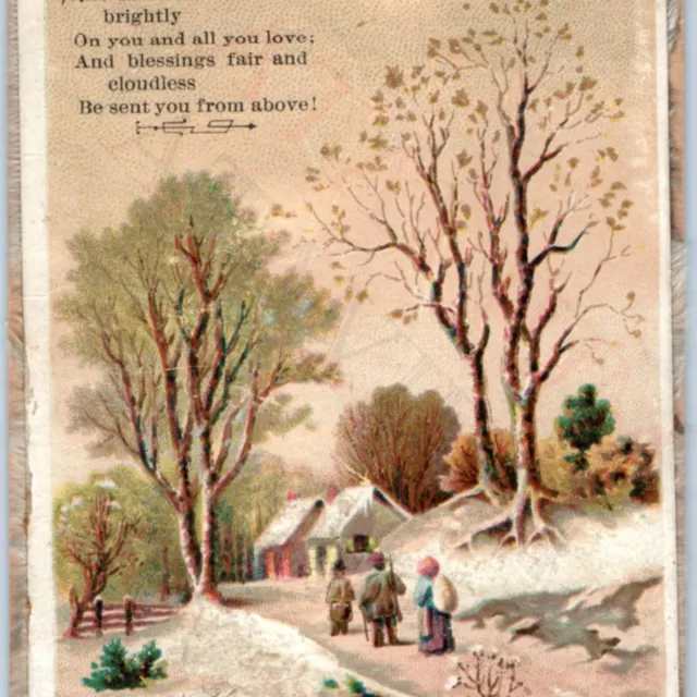 c1880s Christmas Poems 2 Sided Trade Card Silk Fringe Glitter House Winter C45