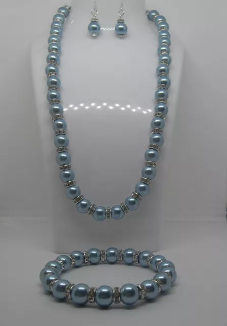 Beautiful Powder Blue Pearl Necklace, Bracelet and Sterling Silver Earring Set