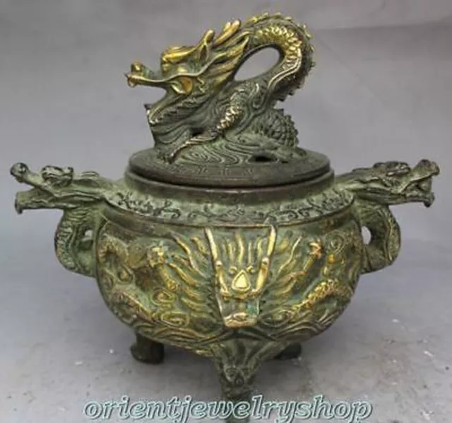 Marked Bronze Dragon Lion Beast Incense Burners gilding tripod Censer statue