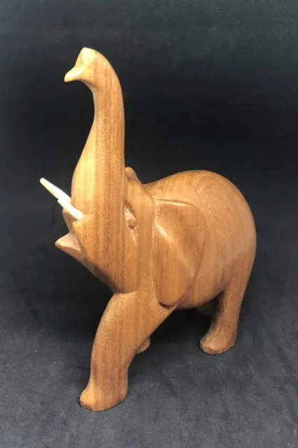 Wood Elephant Statue Hand Carved Wooden Figurine Lucky Trunk Up Sculpture