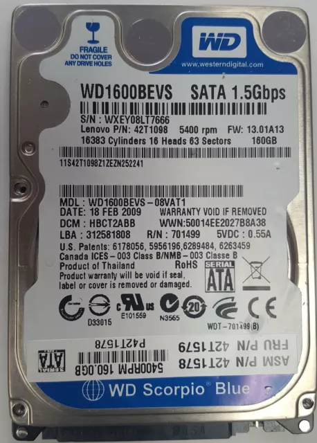 Western Digital 160GB SATA II Hard Drive WD1600BEVS 2.5"  - USED