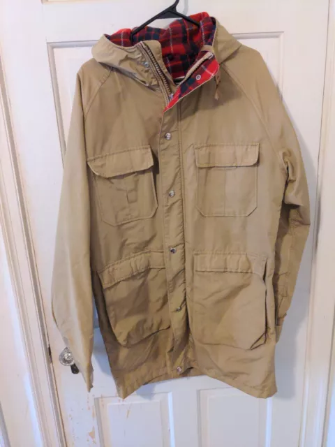 Woolrich Mens Sz M Long Wool Lined Hooded Red& Green Barn Field Coat Jacket VTG