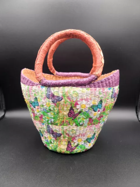 1970s Daisy Butterfly Woven African Bolga Basket Market Bag Leather Handles 12"