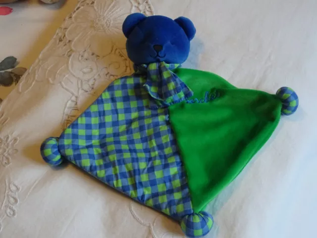 Doudou Ours Bleu Carre Plat Berchet Mouchoir Ecossais Bleu  /  Vert 30 Cm