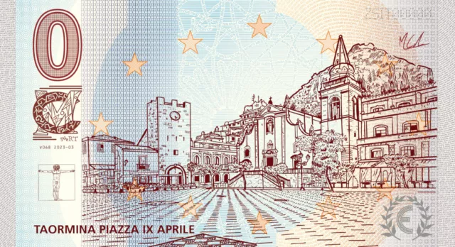 Banconota souvenir zero 0 euro "CM ART" Ricordo TAORMINA veduta Piazza IX Aprile