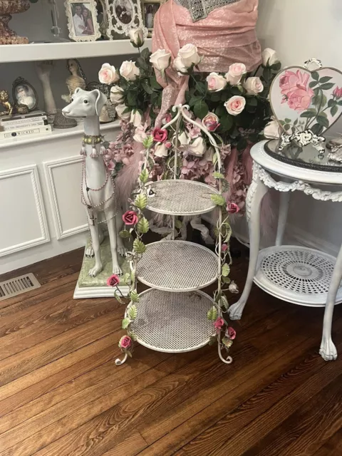 Antique Tole Pink Rose Display Shelf Italian 3 Tier Metal Shabby Chic 2