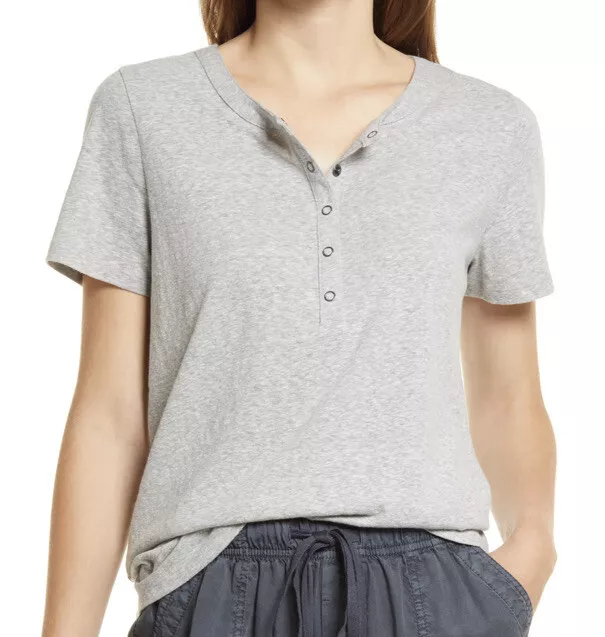 NWT CASLON Womens Snap Placket Henley T-shirt In Grey Heather Size M