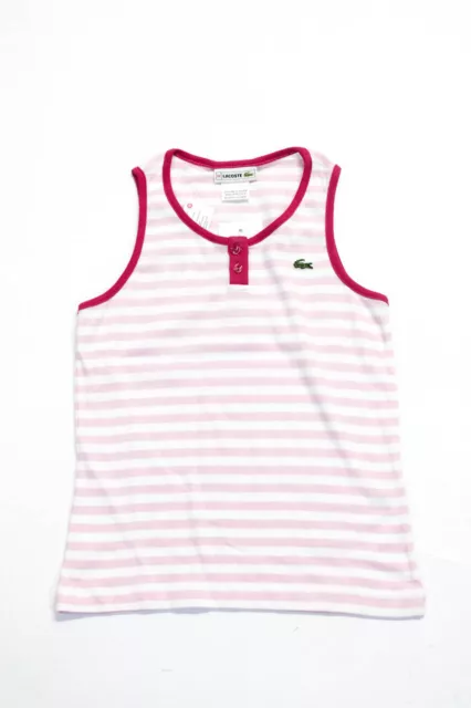 Lacoste Juniors Girls Striped Henley Tank Top Pink White Size 14