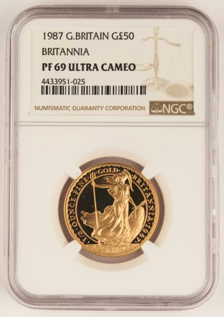 Great Britain UK 1987 BRITANNIA 1/2 Oz Gold £50 Pound Proof Coin NGC PF69 UC