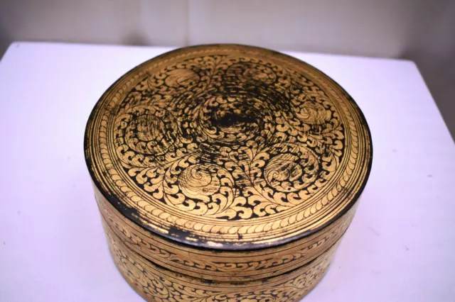 Antique Burmese Betel Nut Box Gilt Lacquerware Myanmar Floral Gold Painted Old"3 2