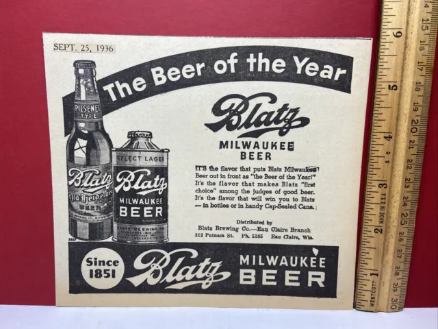 Old 1936 Advertising Ad Bottle Cone Top Blatz Beer Eau Claire WI Milwaukee Wis