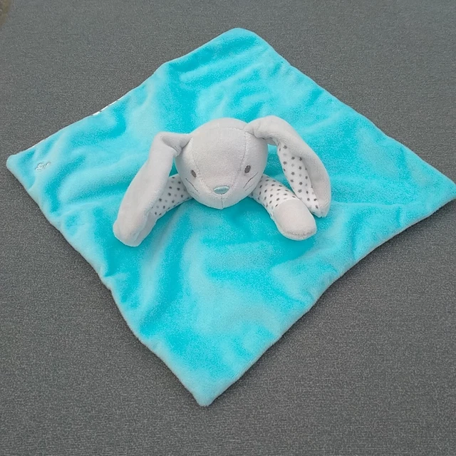 Doudou plat lapin bleu blanc étoiles OBAIBI