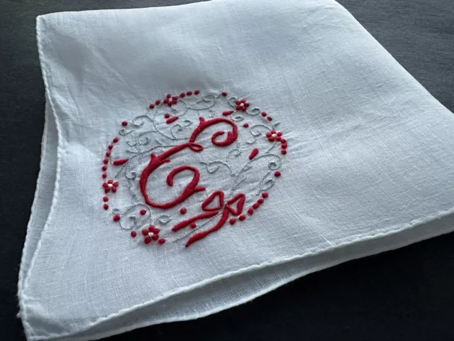 A+ Vintage White Linen Hankie Madeira Hand Embroidered Red Monogram E Valentine