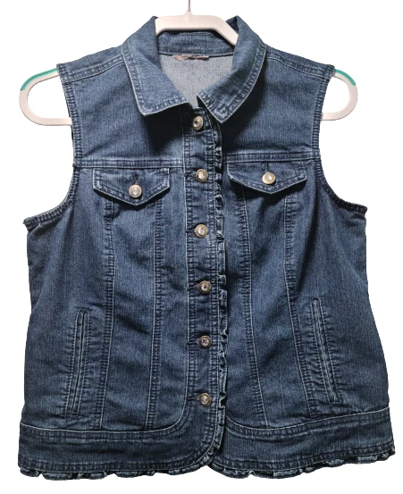 OSO Casuals Women's Denim Sleeveless Jacket Size M Blue Ruffles Collared Pockets