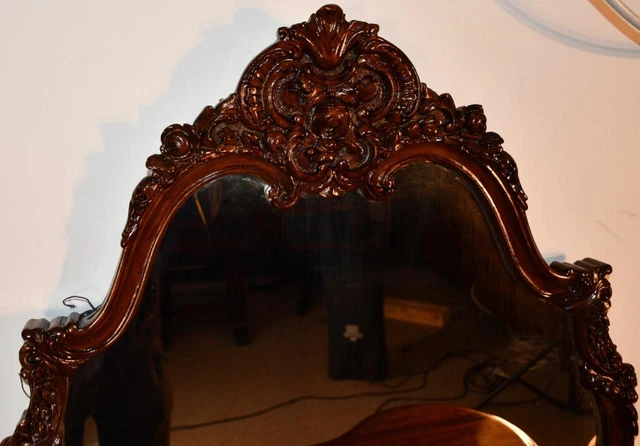 1920 Antique French Louis XV carved Walnut Vanity ladies Desk Mirror & Chair SET 10