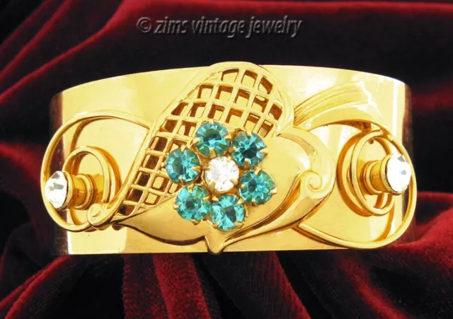 Vintage HARRY ISKIN Wide 12K Gold filled HEART Flower rhinestone Bangle BRACELET