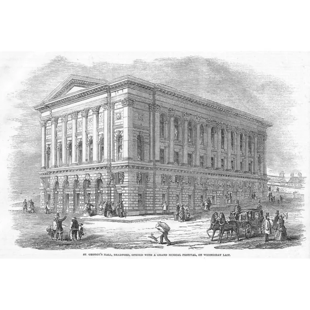 BRADFORD St Georges Hall - Antique Print 1853