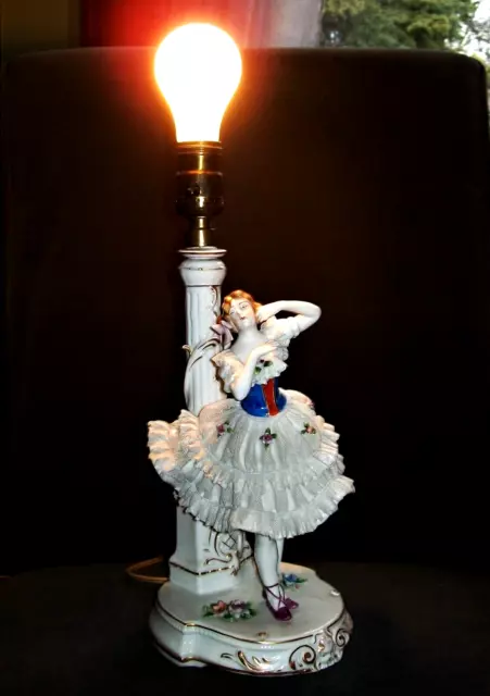 Antique Art Deco Dresden Lace Lady Ballerina Dancer Porcelain Lamp Figurine 3