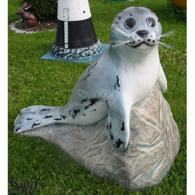 Deko SEEHUND ROBBE auf FELS 99 cm Figur Garten Tier Skulptur maritim Nordsee