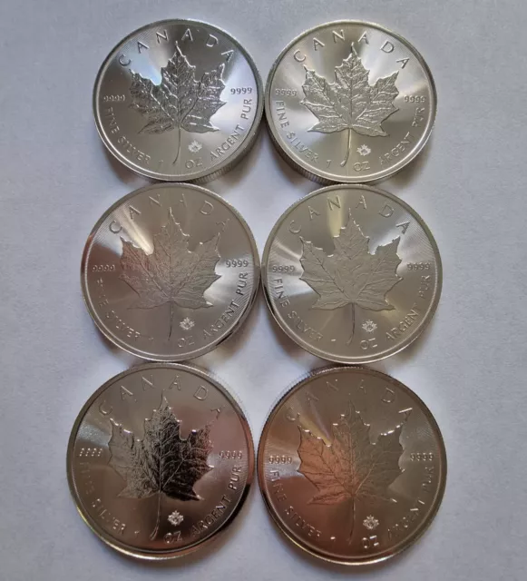 2021 Canada LOT 6× 1 oz Canadian Maple Leaf 1oz fine silver 9999 BU bullion coin