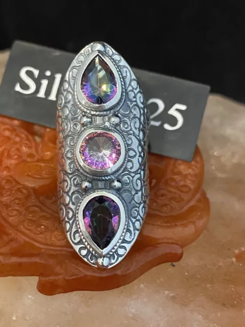 Large Silver  Ring With Green/ Purple Stone