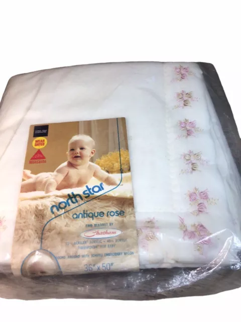 Northstar Chatham Crib Baby Blanket Vintage White Antique Rose Embroidery 36x50