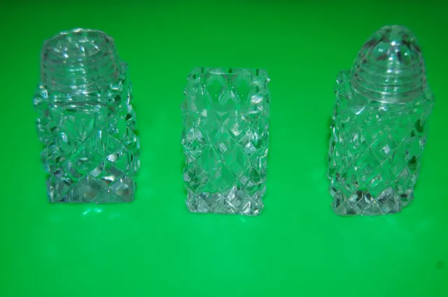 Vintage Cleare Crystal Cut Glass Salt Pepper Shakers  Crystal Top Set Of 3