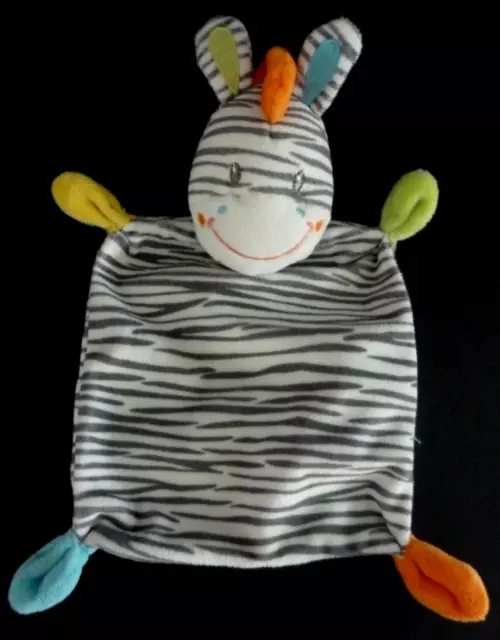 DC3. DOUDOU PLAT NICOTOY ZEBRE blanc rayé gris jaune bleu orange vert ETAT NEUF*