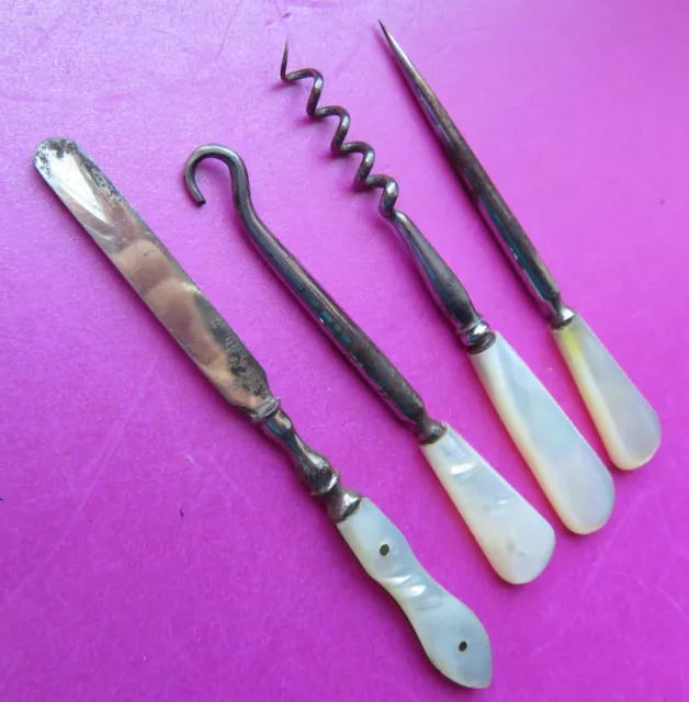 Antique 4 Sewing Vanity Bottle Corkscrew,Button Hook,Stiletto,Nail Pearl Handles