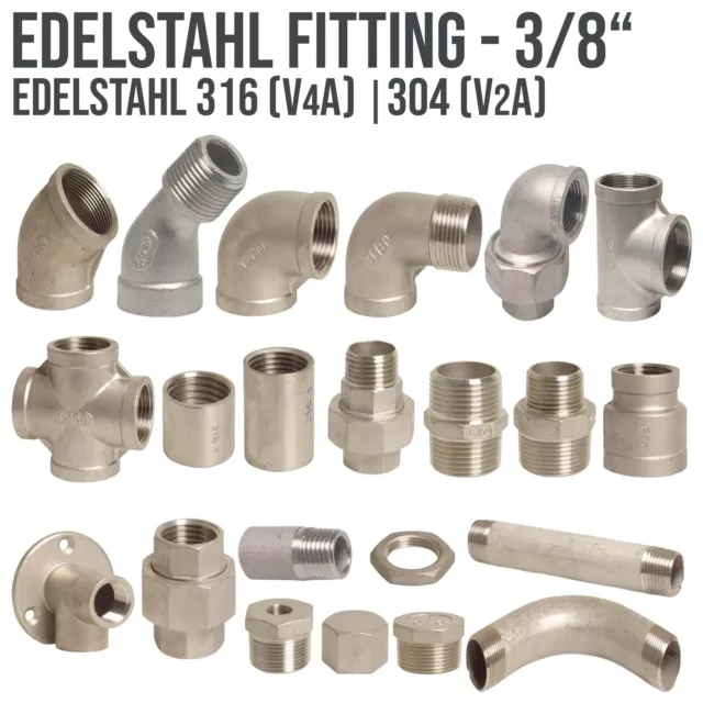 Edelstahl Fitting Fittings Gewinde Nippel Winkel Bogen Muffe V4A 316 - 3/8"